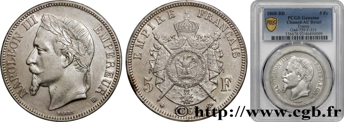 5 francs Napoléon III, tête laurée 1868 Strasbourg F.331/13 TTB+ PCGS