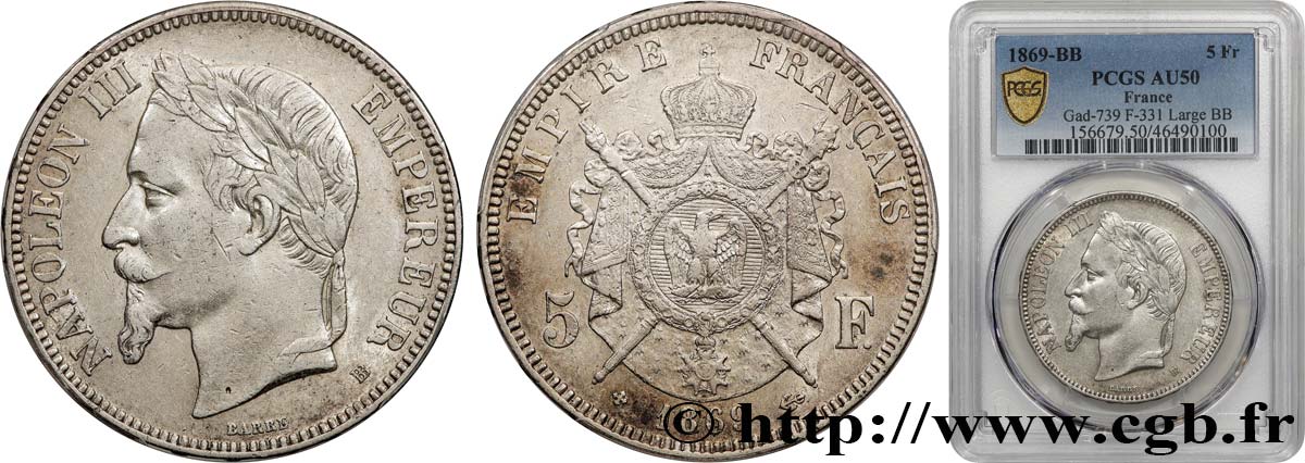 5 francs Napoléon III, tête laurée 1869 Strasbourg F.331/15 BB50 PCGS