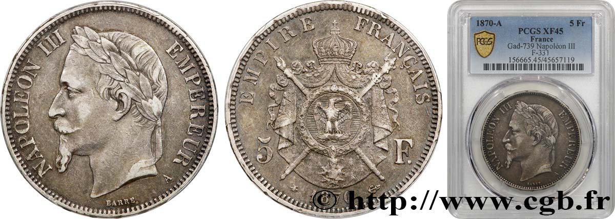 5 francs Napoléon III, tête laurée 1870 Paris F.331/16 XF45 PCGS