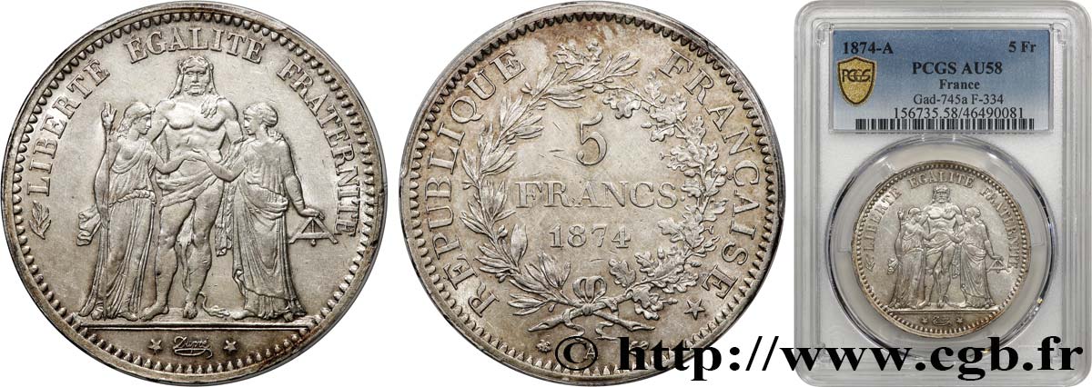 5 francs Hercule 1874 Paris F.334/12 AU58 PCGS