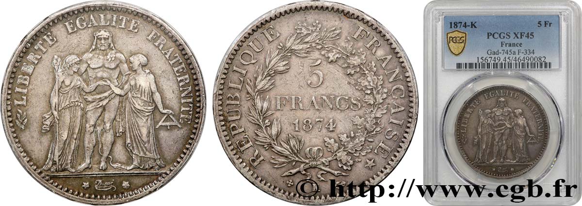 5 francs Hercule 1874 Bordeaux F.334/13 SS45 PCGS