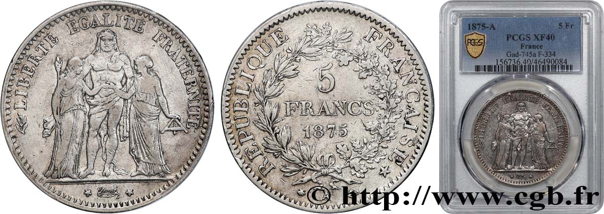5 francs Hercule 1875 Paris F.334/14 XF40 PCGS