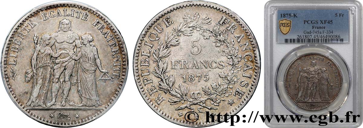 5 francs Hercule 1875 Bordeaux F.334/16 SS45 PCGS