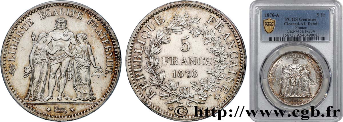 5 francs Hercule 1876 Paris F.334/17 AU PCGS