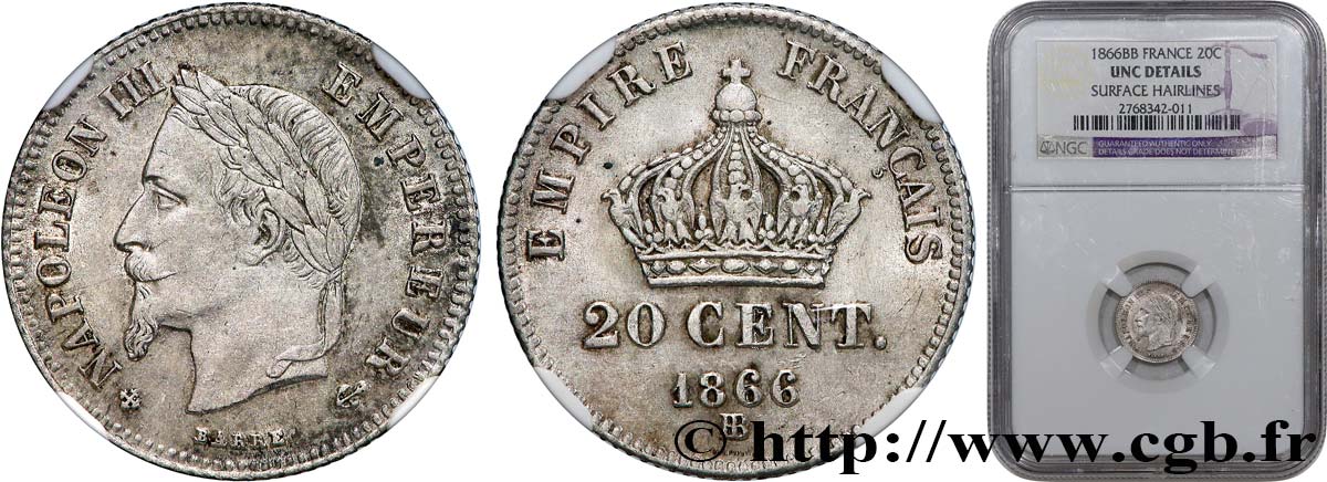 20 centimes Napoléon III, tête laurée, petit module 1866 Strasbourg F.149/5 SUP+ NGC