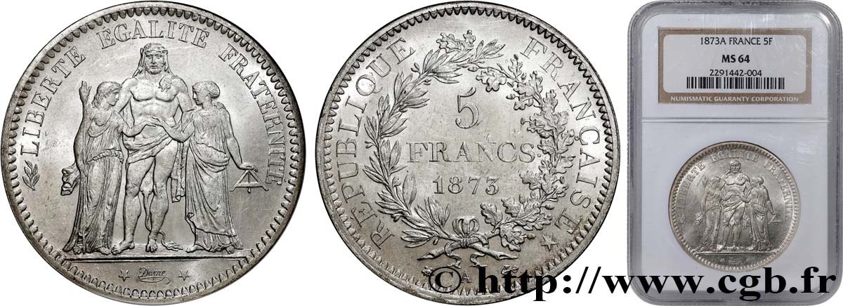5 francs Hercule 1873 Paris F.334/9 MS64 NGC
