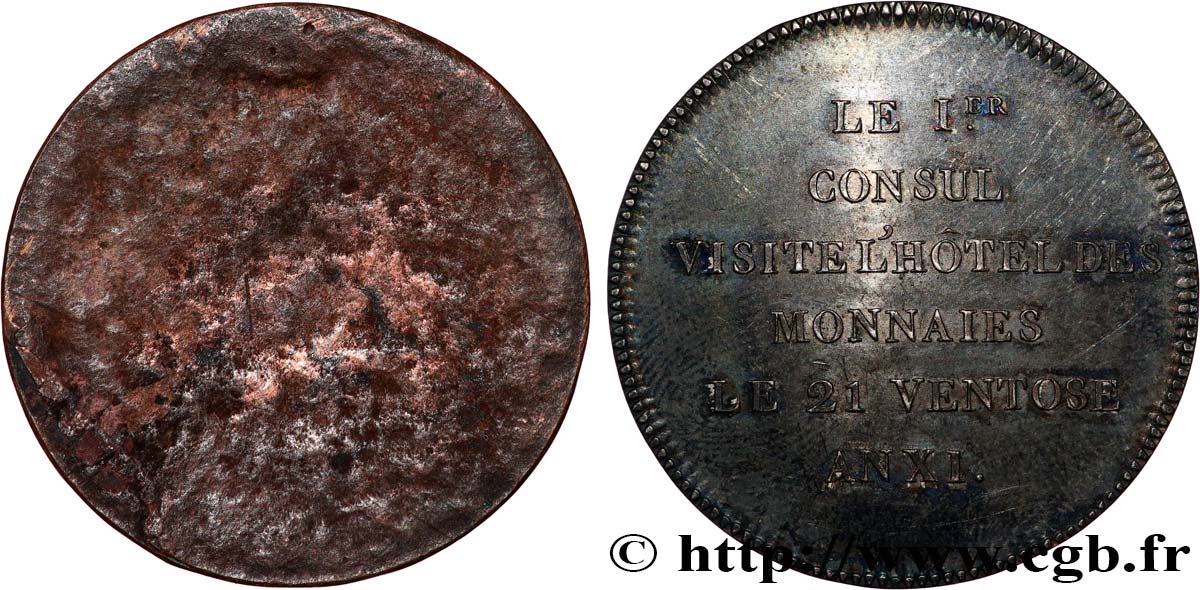 Cliché de Monnaie de visite, module de 5 francs, pour la visite de Bonaparte à l’hôtel des Monnaies de Paris 1803 Paris VG.1203 var. SPL 