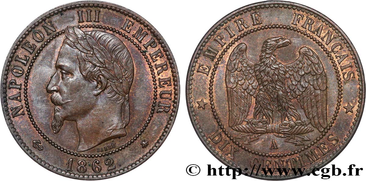 Dix centimes Napoléon III, tête laurée 1862 Paris F.134/7 SPL60 