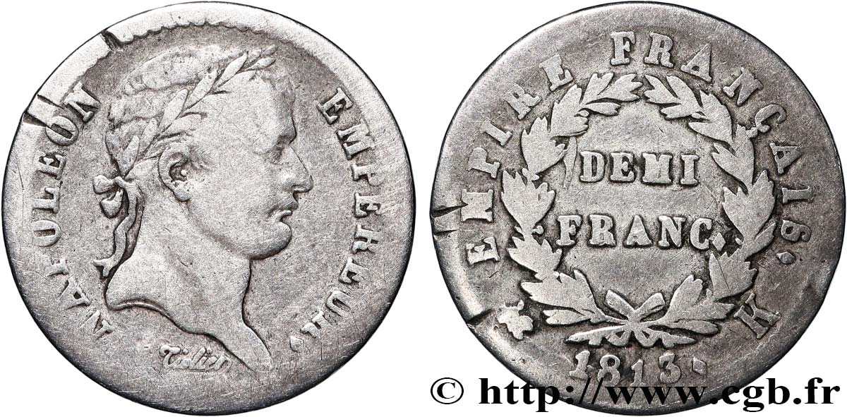 Demi-franc Napoléon Ier tête laurée, Empire français 1813 Bordeaux F.178/55 TB 