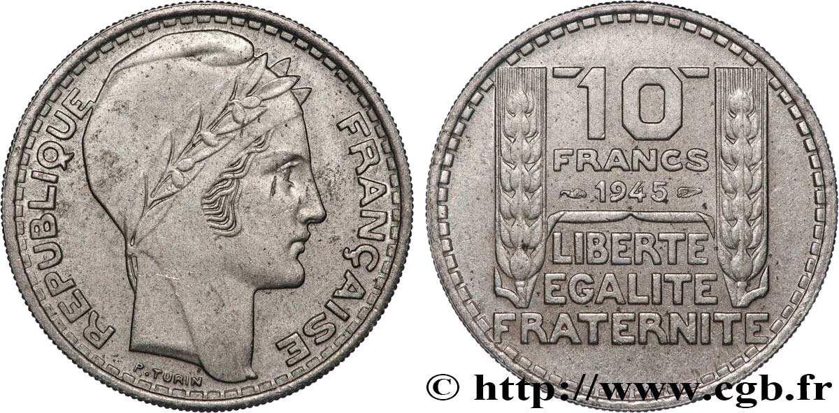 10 francs Turin, grosse tête, rameaux longs 1945  F.361/2 SUP58 