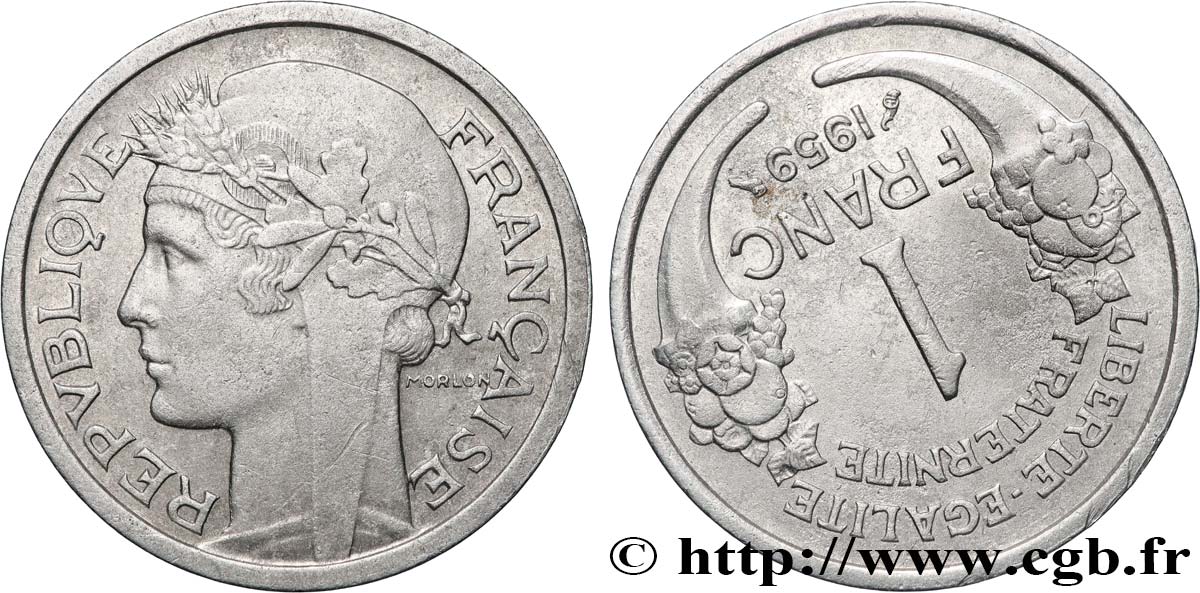 1 franc Morlon, légère, Fautée coins tournés +25 min/+150° 1959  F.221/23 var. BB 