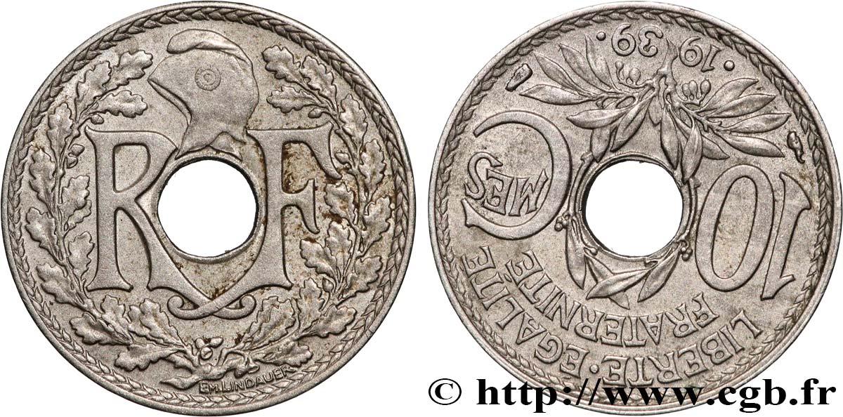 10 centimes Lindauer, maillechort, Fauté coins tournés à -25 min/-150° 1939  F.139/3 var. TTB+ 
