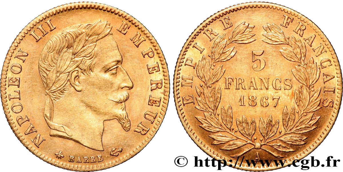 5 francs or Napoléon III, tête laurée 1867 Paris F.502/11 SUP58 