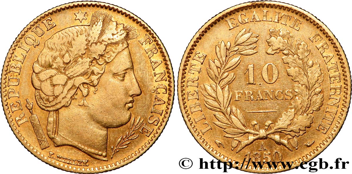 10 francs or Cérès, IIe République, levrette oreille haute 1850 Paris F.504/1 SS 