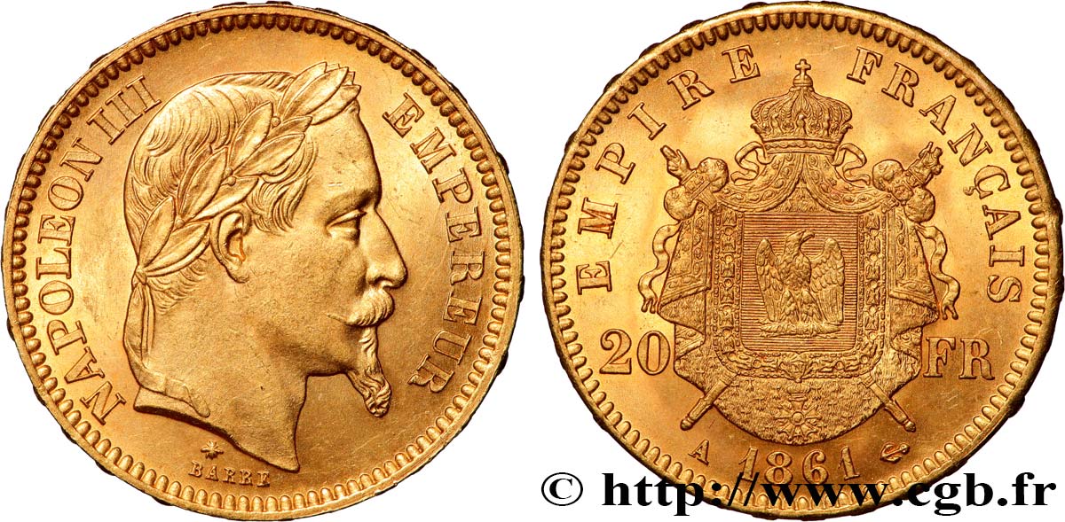 20 francs or Napoléon III, tête laurée 1861 Paris F.532/1 SPL64 