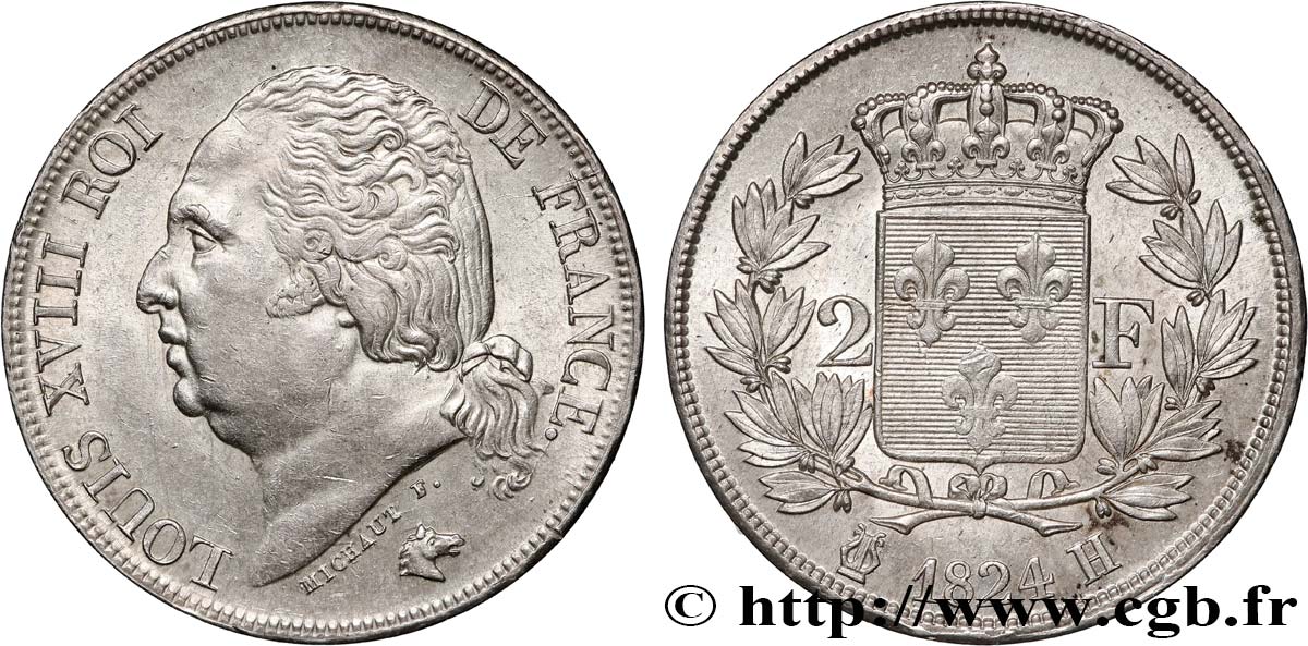 2 francs Louis XVIII 1824 La Rochelle F.257/55 SUP58 
