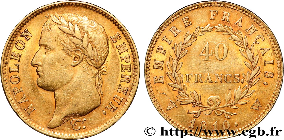 40 francs or Napoléon tête laurée, Empire français 1810 Lille F.541/5 MBC+ 