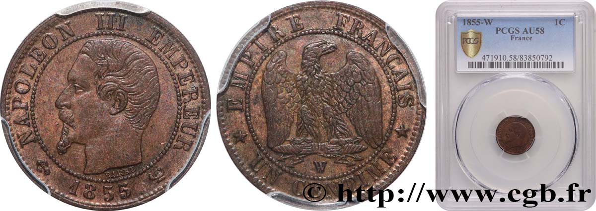 Un centime Napoléon III, tête nue 1855 Lille F.102/25 VZ58 PCGS