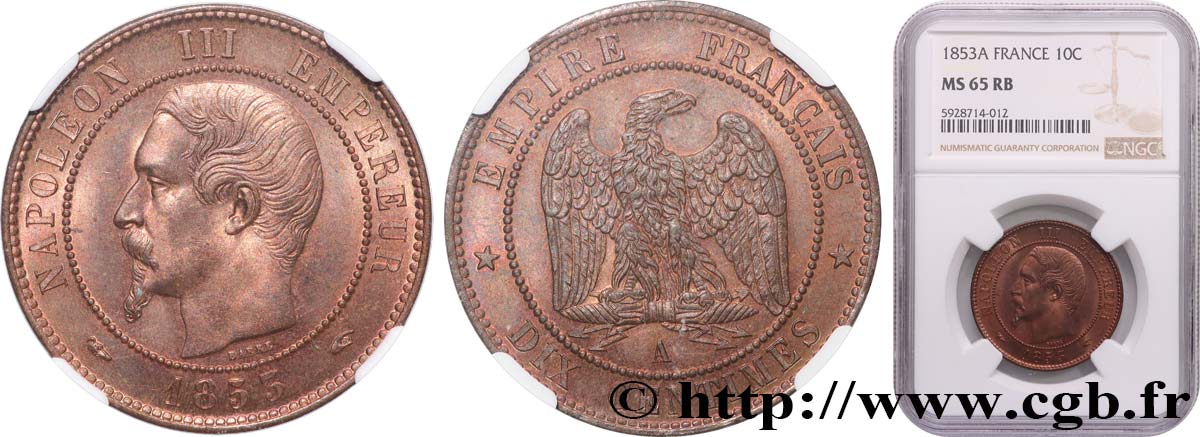 Dix centimes Napoléon III, tête nue 1853 Paris F.133/2 FDC65 NGC