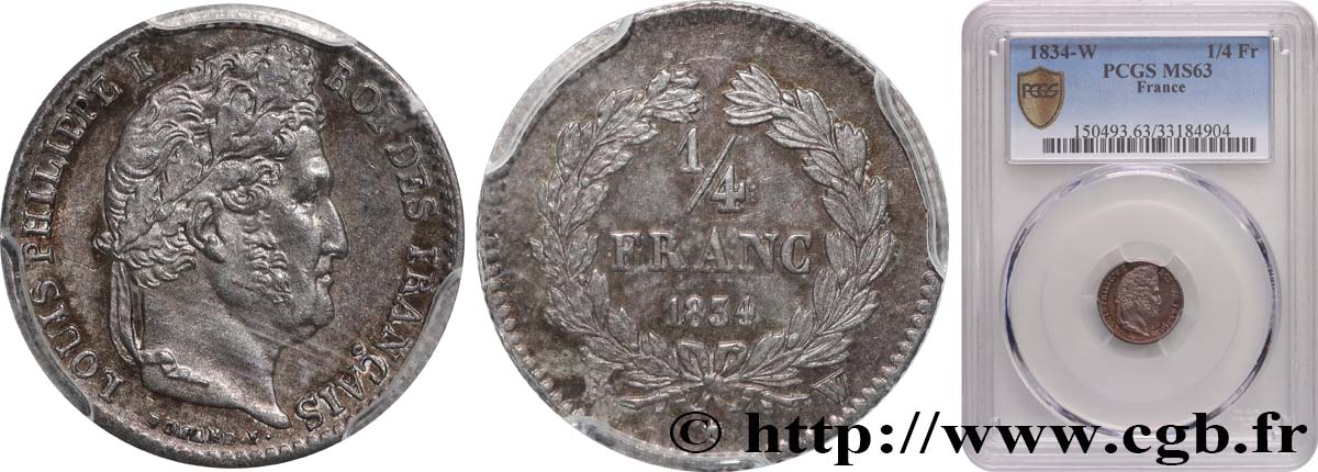 Coins - FRANCE-1834 A- Louis Philippe 1830-1848 1/4 Franc-PCGS MS62