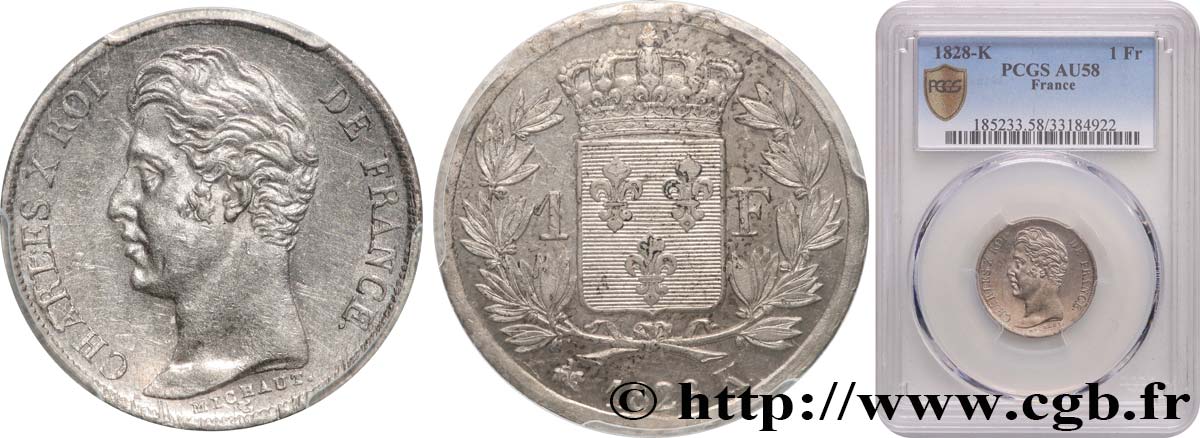 1 franc Charles X, matrice du revers à cinq feuilles 1828 Bordeaux F.207/43 SUP58 PCGS