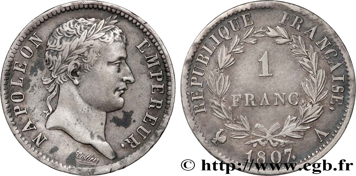 1 franc Napoléon Ier tête laurée, République française 1807 Paris F.204/1 TTB 