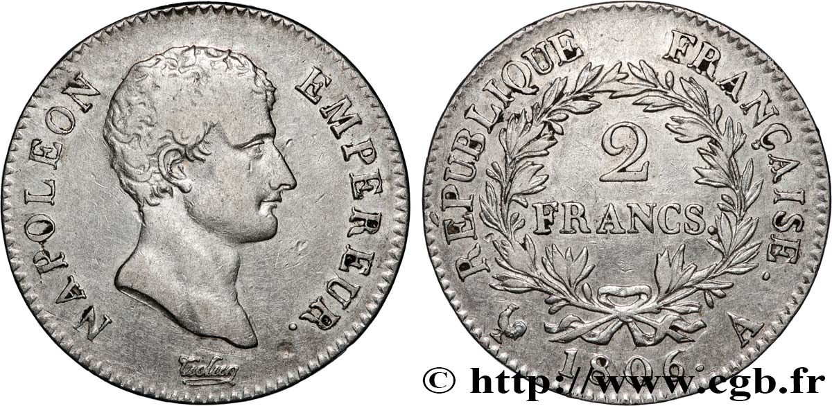 2 francs Napoléon Empereur, Calendrier grégorien 1806 Paris F.252/1 TB+ 