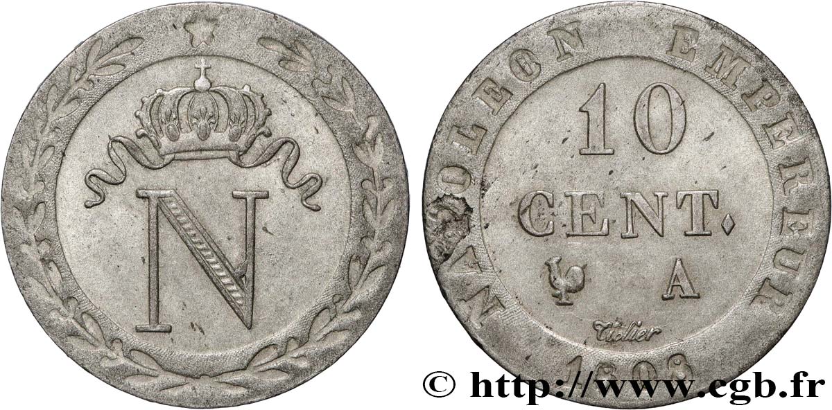 10 cent. à l N couronnée 1808 Paris F.130/2 SUP 