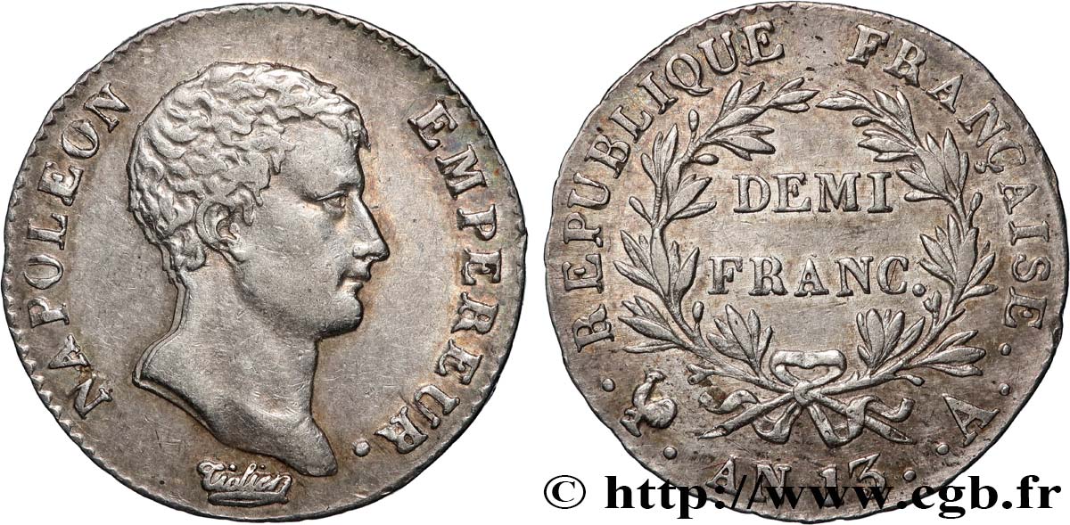 Demi-franc Napoléon Empereur, Calendrier révolutionnaire 1805 Paris F.174/10 TTB+ 