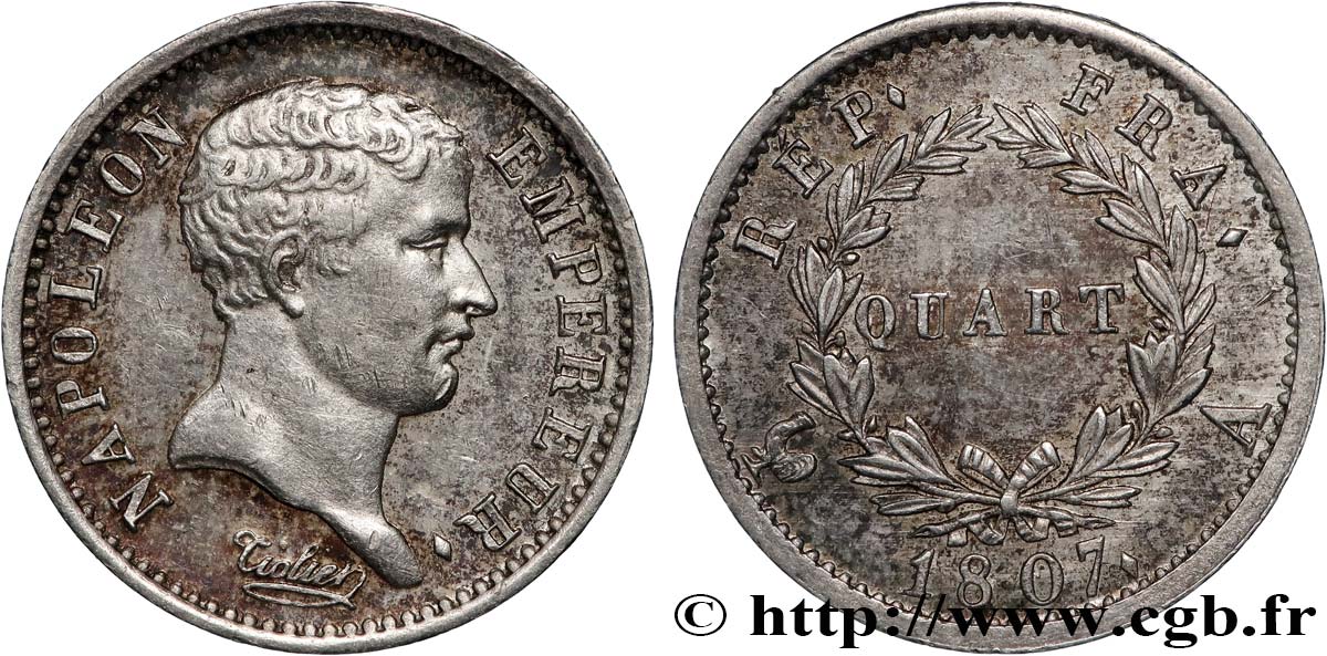 Quart (de franc) Napoléon Empereur, tête de nègre 1807 Paris F.160/1 EBC60 