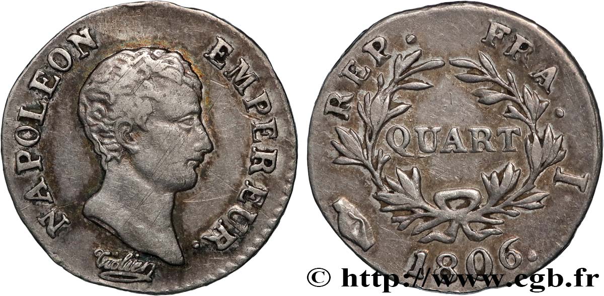 Quart (de franc) Napoléon Empereur, Calendrier grégorien 1806 Limoges F.159/2 TB+ 