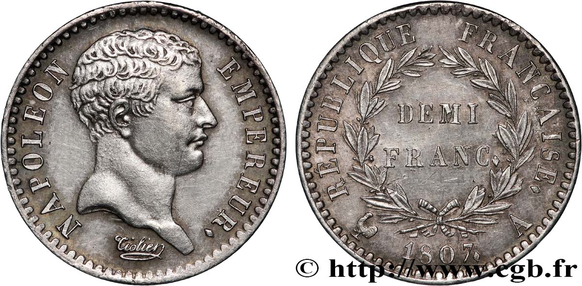 Demi-franc Napoléon Empereur, tête de nègre 1807 Paris F.176/1 EBC+ 