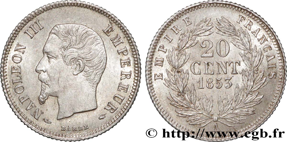 20 centimes Napoléon III, tête nue 1853 Paris F.148/1 MS63 