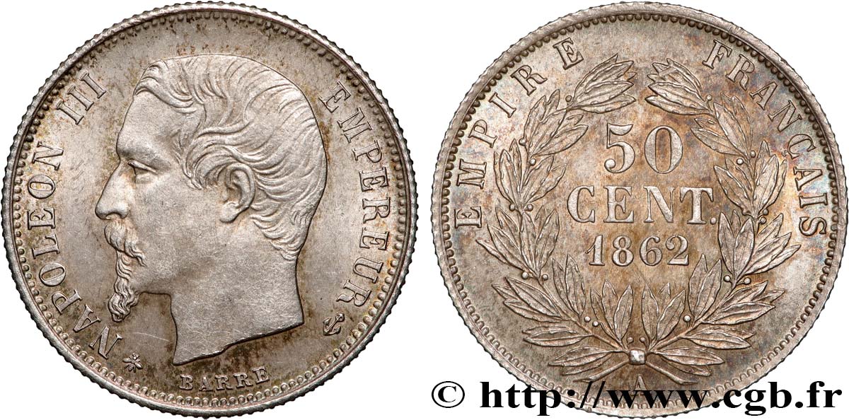 50 centimes Napoléon III, tête nue 1862 Paris F.187/16 VZ62 