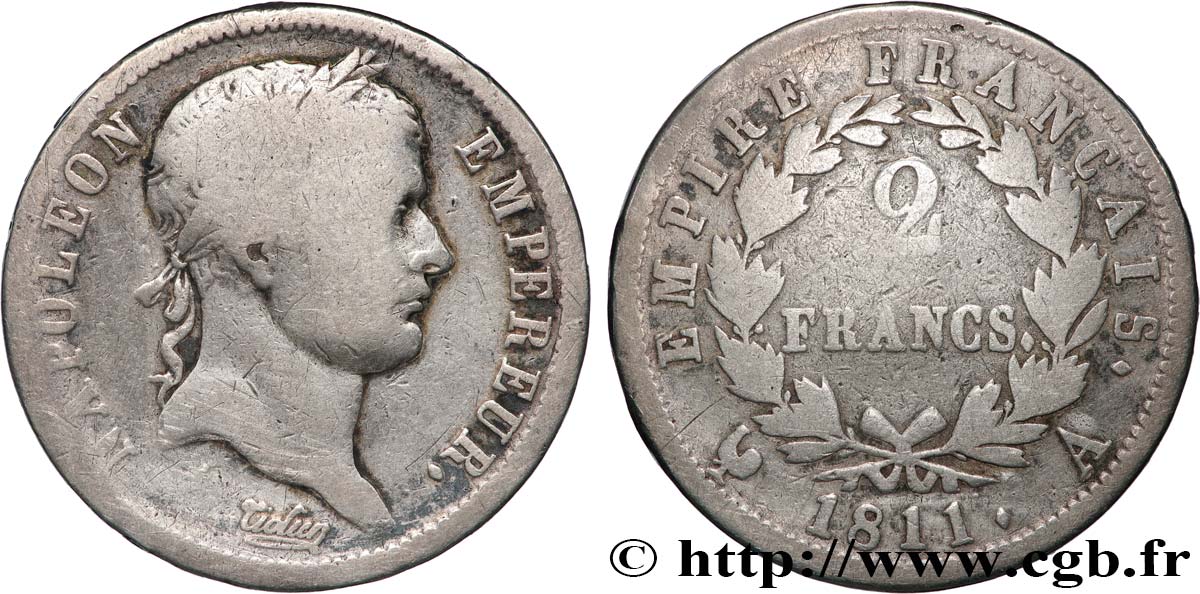 2 francs Napoléon Ier tête laurée, Empire français 1811 Paris F.255/24 RC 