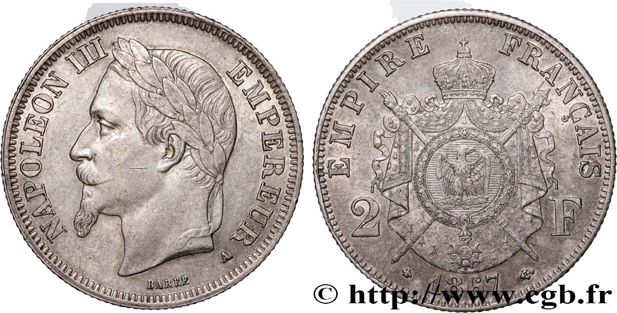 2 francs Napoléon III, tête laurée 1867 Paris F.263/5 EBC55 
