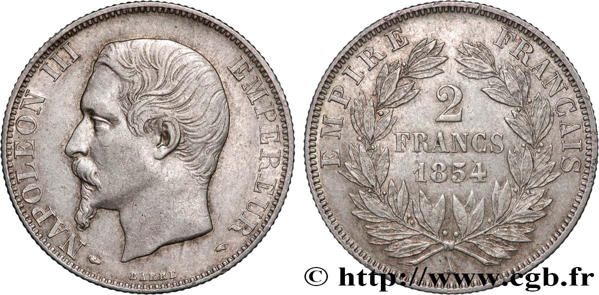 2 francs Napoléon III, tête nue 1854 Paris F.262/2 SPL55 