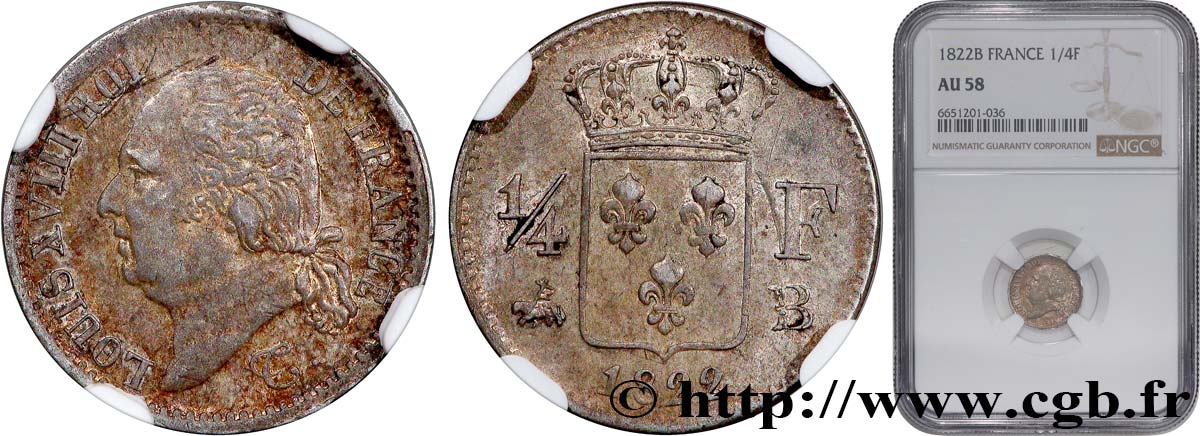 1/4 franc Louis XVIII 1822 Rouen F.163/22 AU58 NGC