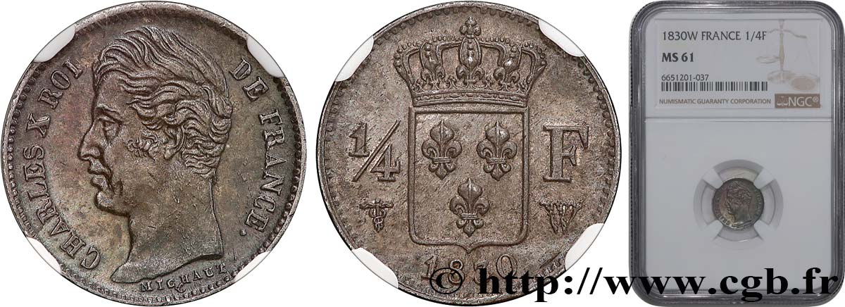 1/4 franc Charles X 1830 Lille F.164/42 MS61 NGC