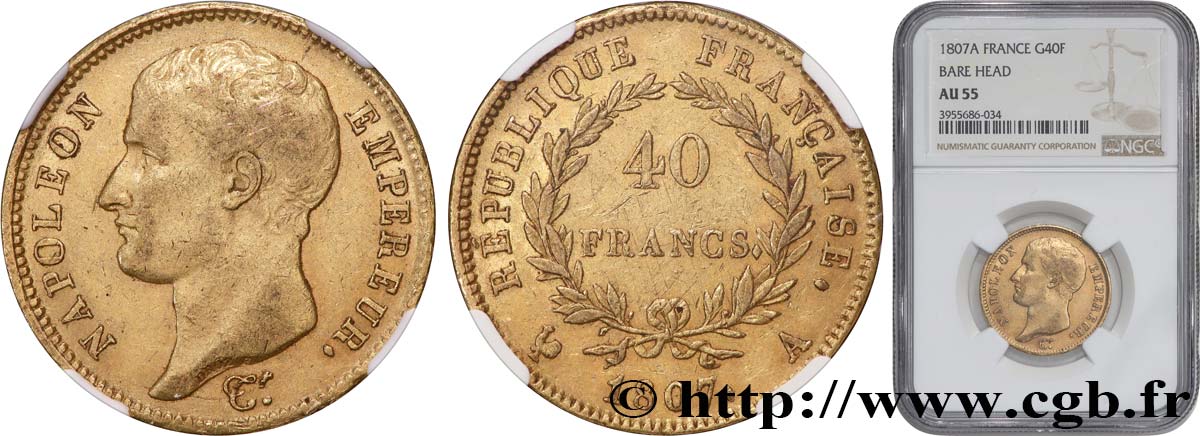 40 francs or Napoléon tête nue, type transitoire 1807 Paris F.539/1 EBC55 NGC