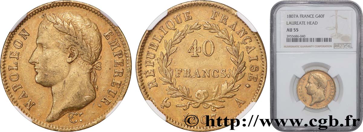 40 francs Napoléon Ier tête laurée, République française 1807 Paris F.540/1 VZ55 NGC