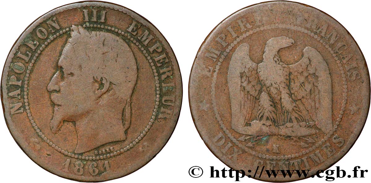Dix Centimes Napoléon tête laurée 1861 Bordeaux F.134/6 B12 