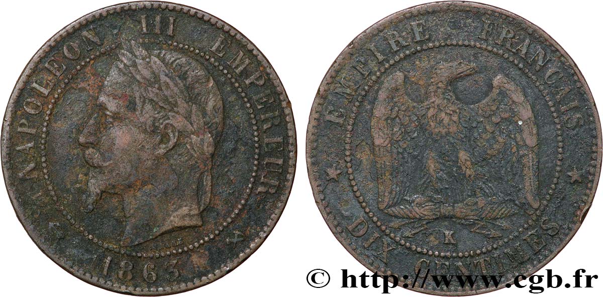 Dix centimes Napoléon III, tête laurée 1863 Bordeaux F.134/12 VF30 