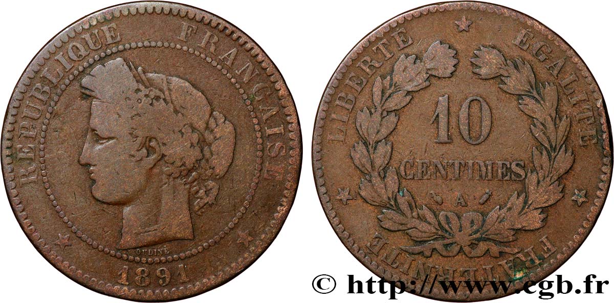 10 centimes Cérès 1891 Paris F.135/36 TB20 
