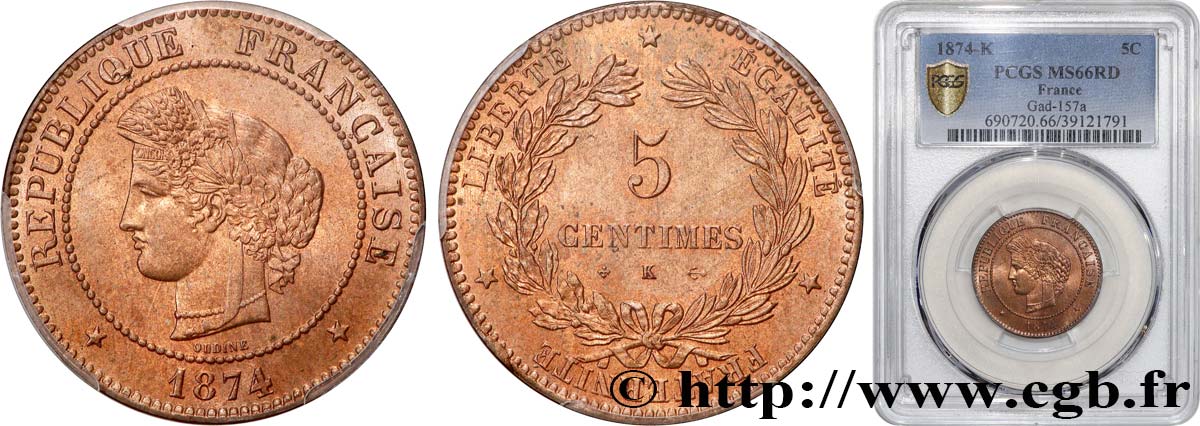 5 centimes Cérès 1874 Bordeaux F.118/10 ST66 PCGS