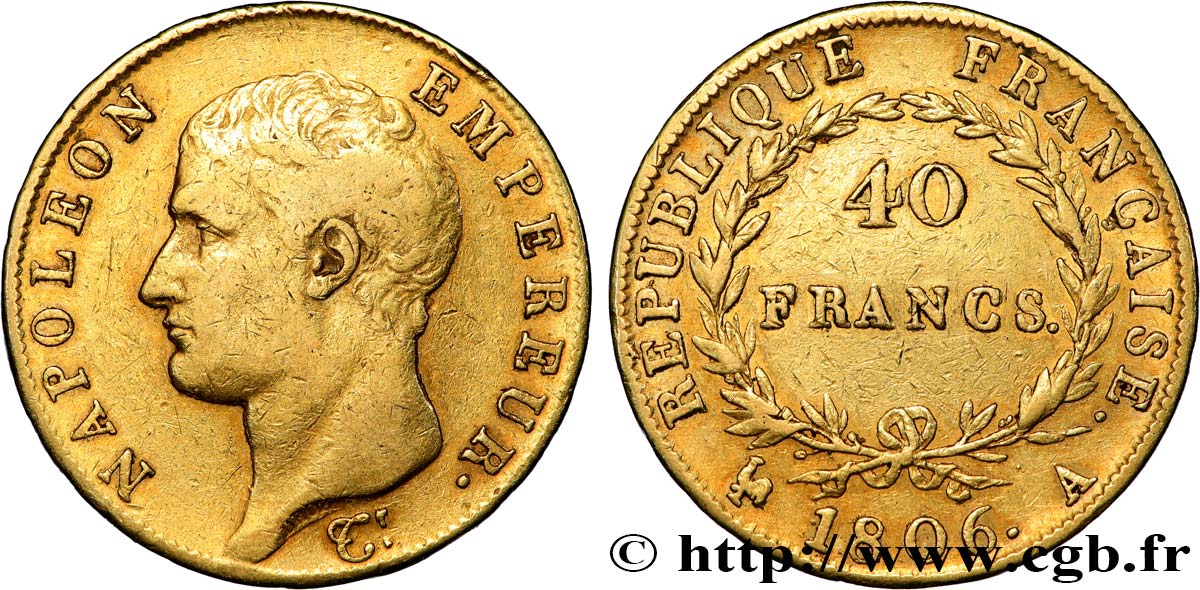 40 francs or Napoléon tête nue, Calendrier grégorien 1806 Paris F.538/1 TB+ 