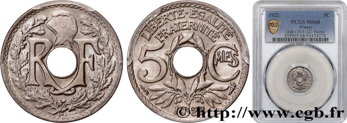 5 centimes Lindauer, petit module 1922 Poissy F.122/5 ST68 PCGS