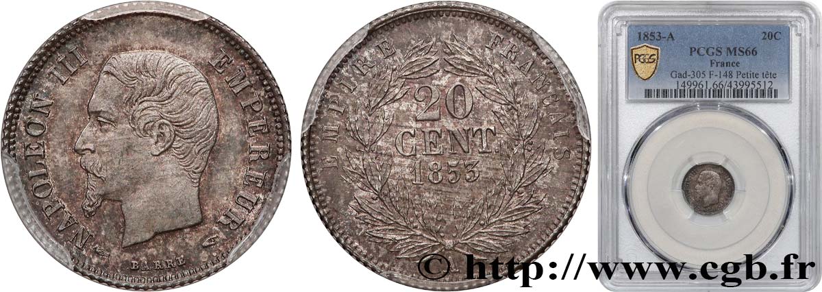 20 centimes Napoléon III, tête nue 1853 Paris F.148/1 ST66 PCGS