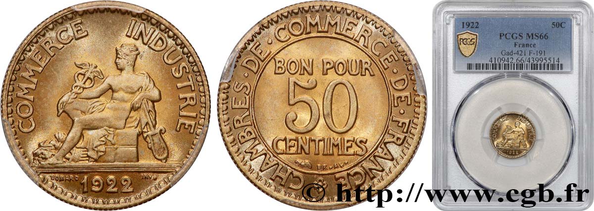 50 centimes Chambres de Commerce 1922 Paris F.191/4 ST66 PCGS