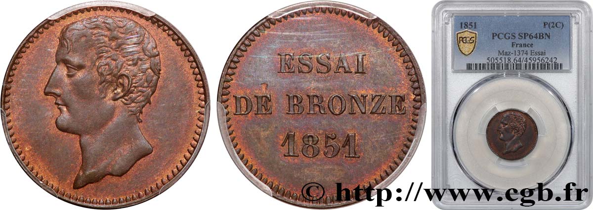 Essai de bronze au module de 2 centimes (20mm), Bonaparte 1851 Paris VG.3292  MS64 PCGS